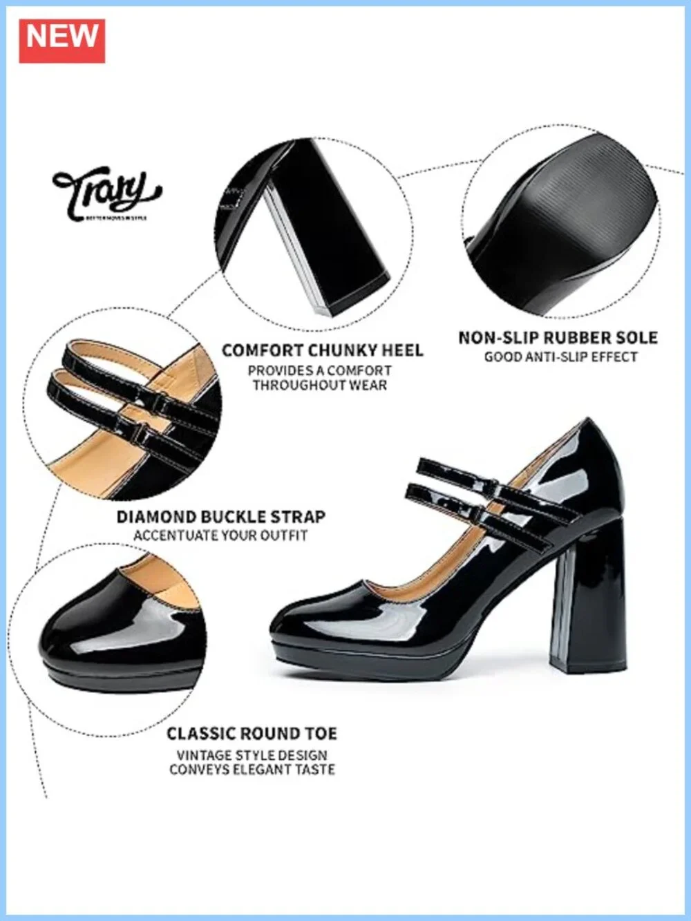 Women's Mary Jane Platform Block Heels Double Strap Faux Leather Pumps for